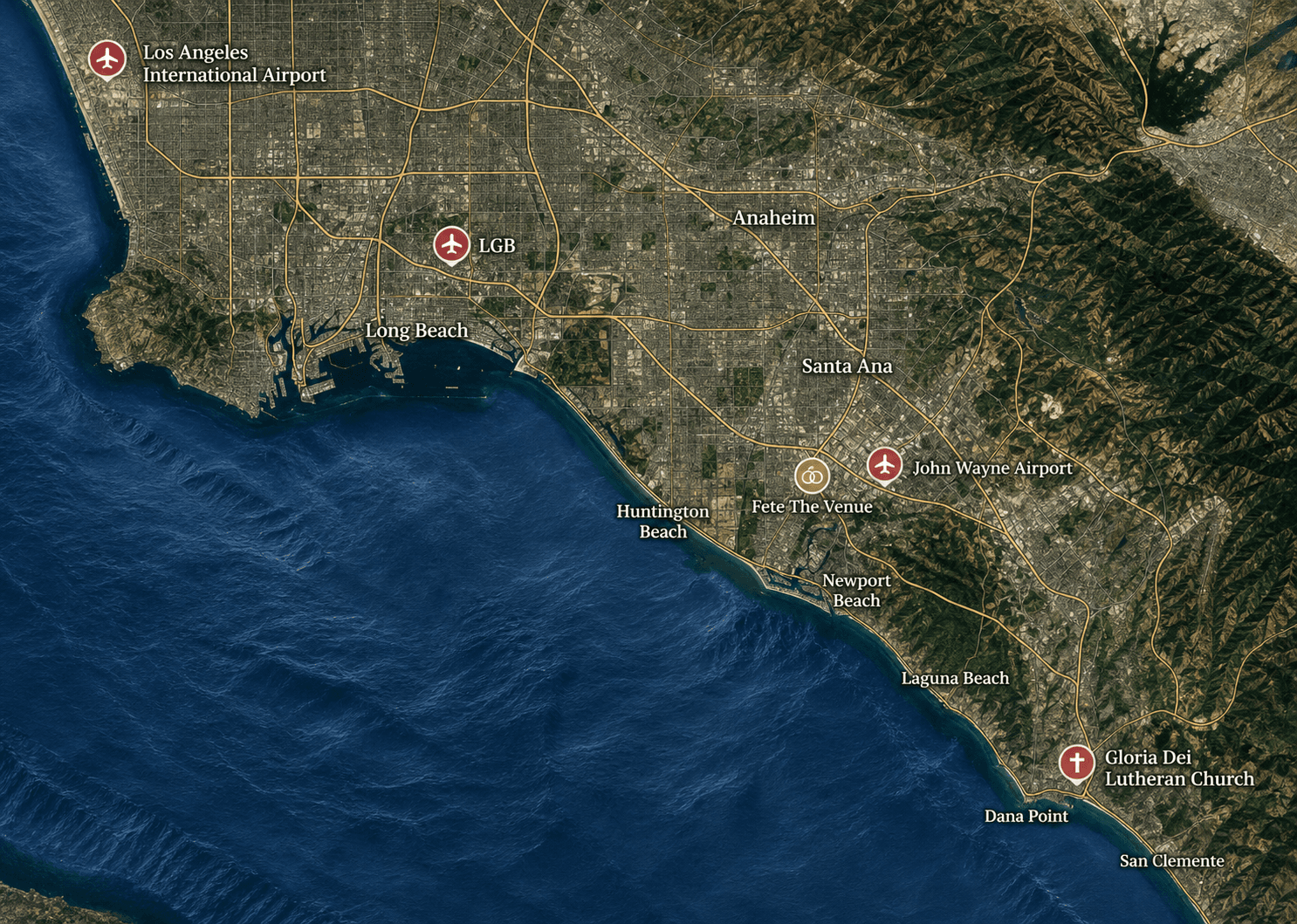 Map showing Los Angeles International Airport, Long Beach Airport, John Wayne Airport, Fete The Venue, and Gloria Dei Lutheran Church
